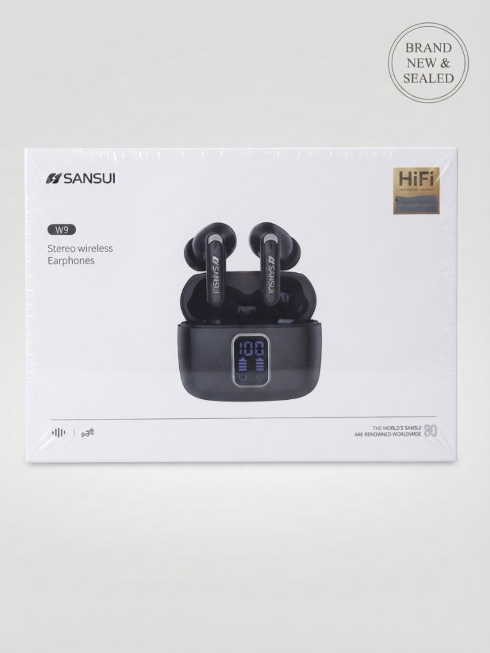 Sansui W9 Stereo Wireless Earphones Hi-Fi Sound & LED Charging Case - New